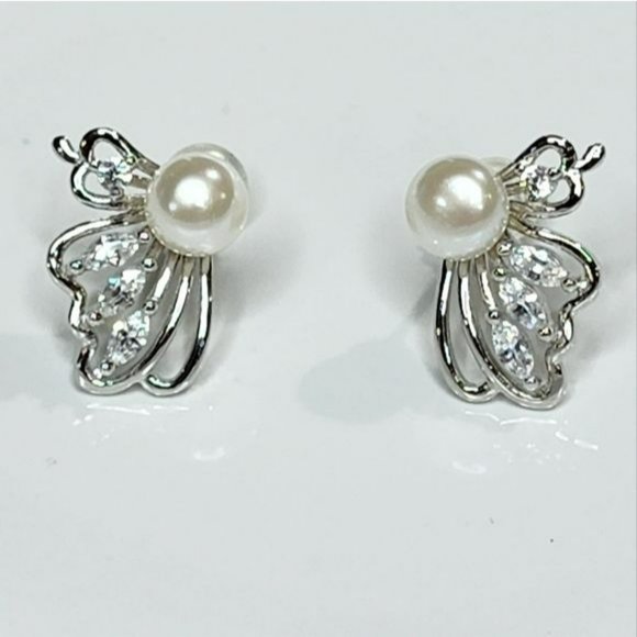 925S White Cultured Freshwater Pearl Butterfly Earrings - Picture 15 of 16